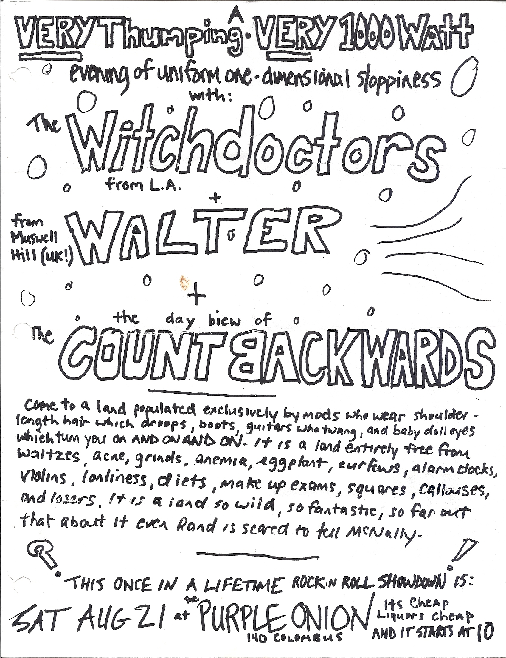 Purple Onion flyer - Count Backwards, The Witchdoctors - Walter